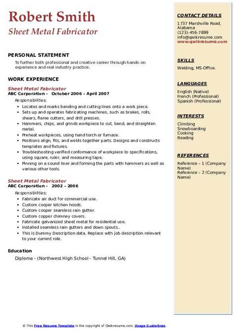 sheet metal fabrication resume|sheet metal resume examples.